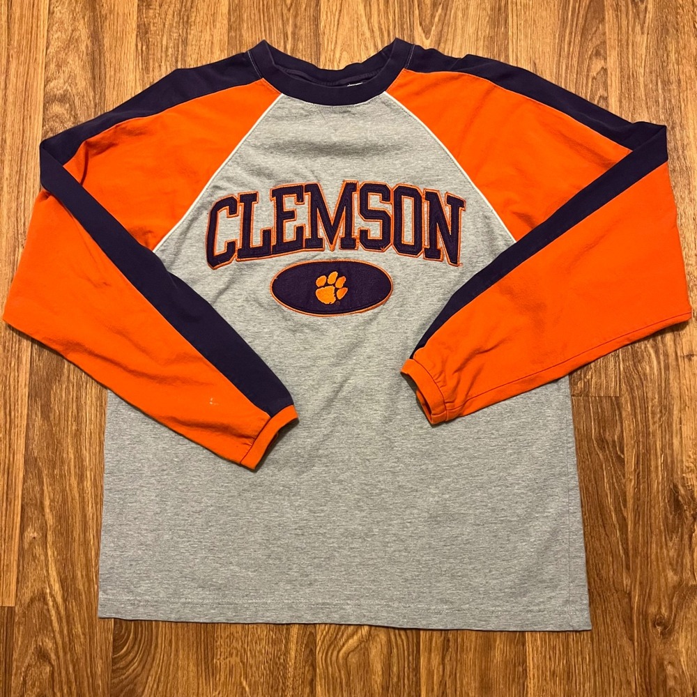 Vintage Clemson Tigers Shirt Men Medium Grey Raglan Long Sleeve Embroidered